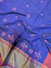 Royal blue handwoven cotton saree with aane kasuti motifs and fine weave